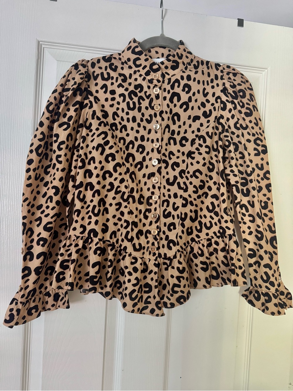 Buru Leopard Print Ruffle Hem Button-Up Blouse